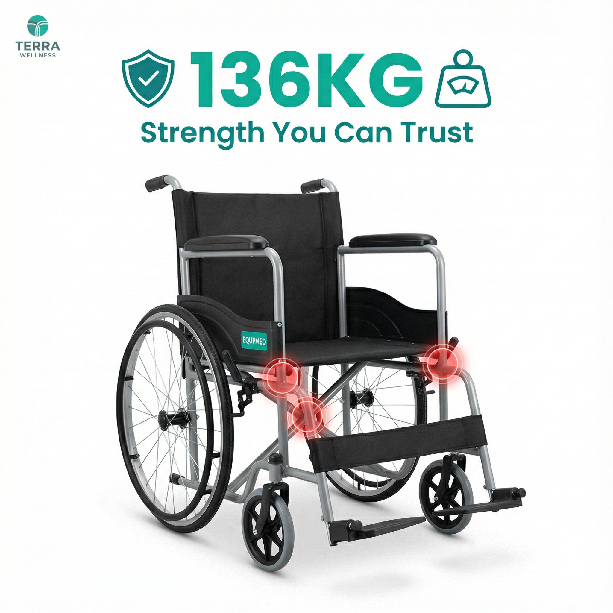 EQUPMED 24" Wheelchair - Folds For Easy Transport, Supports Up To 136kg