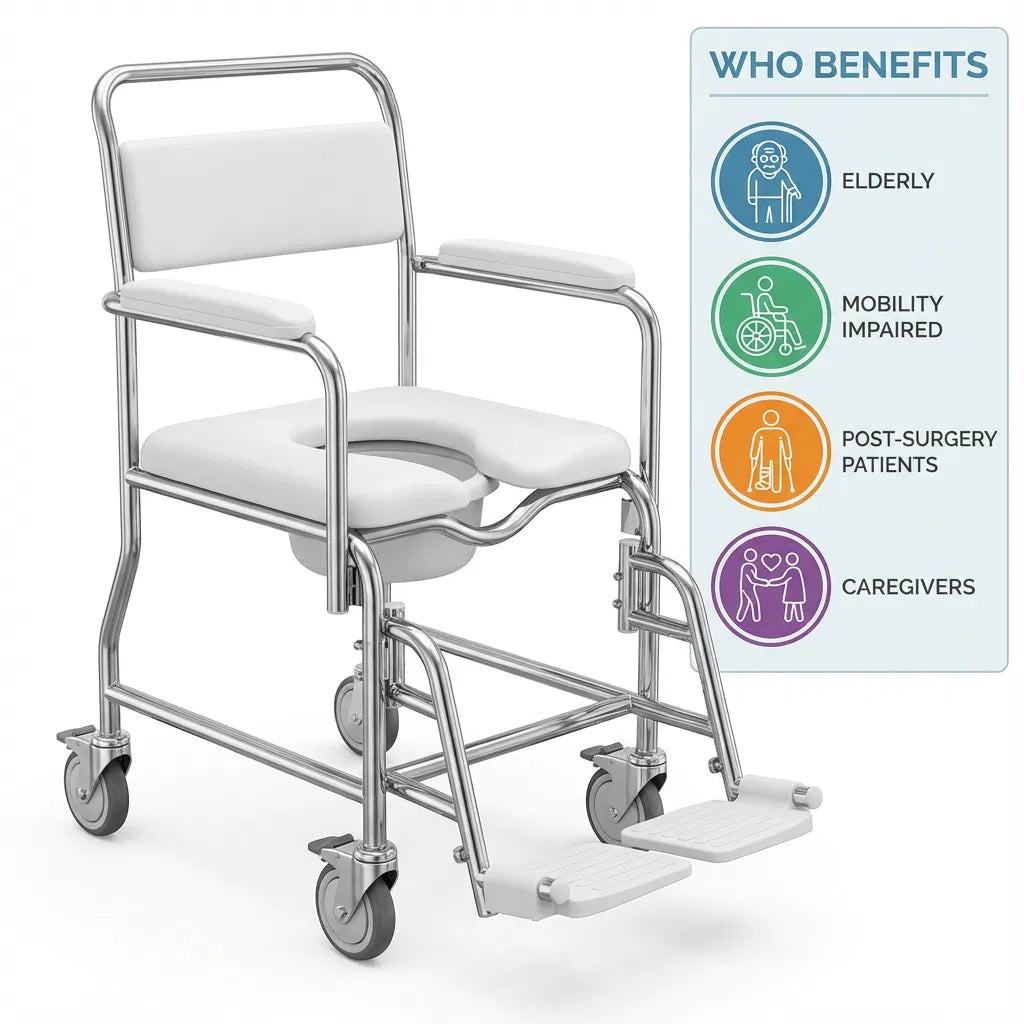 Commode Chair - Mobile Shower Chair, 3-in-1 Wheelchair, Smooth Easy Mobility