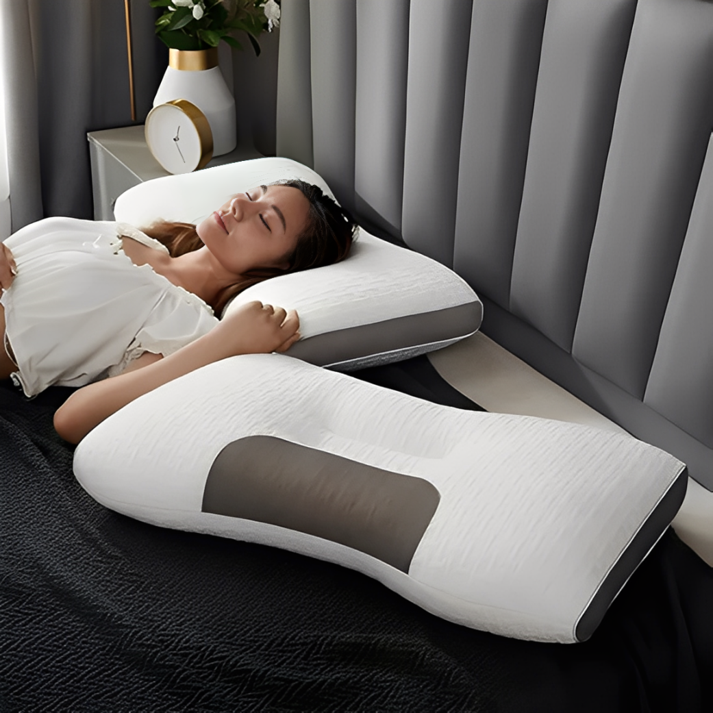 Close-up view of ergonomic contour and cooling airflow channels of Terra Wellness memory foam pillow