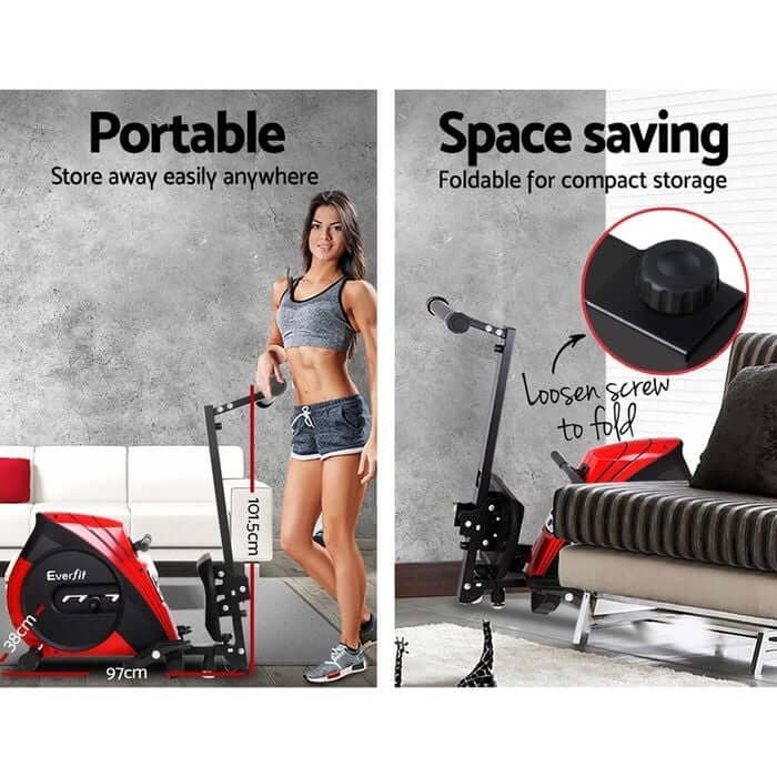 Rowing machine showing portability and space-saving design, featuring easy folding mechanism and wheels for convenient storage in compact living spaces