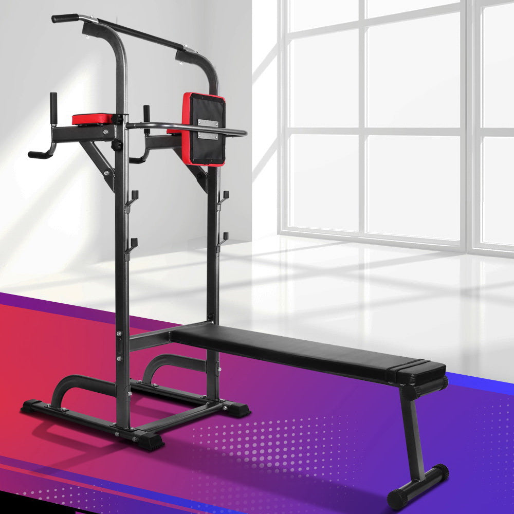 Chin up tower used for pull ups and core training in home gym environment