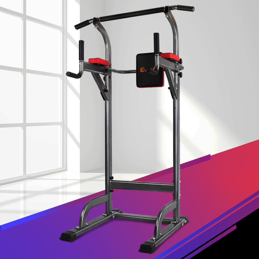 Chin up tower for home gym with multi grip pull up bar and padded arm supports