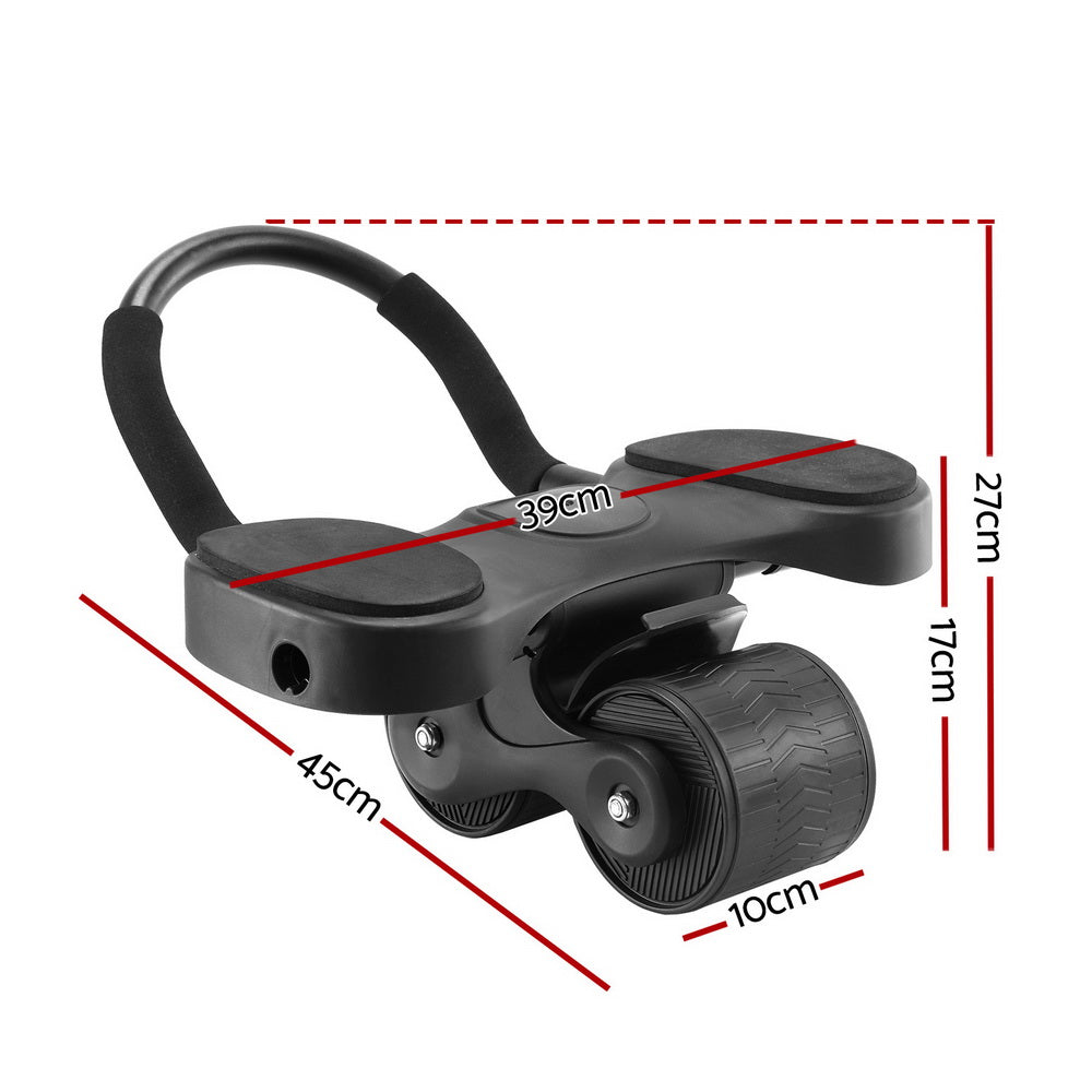 Ab roller with detailed dimensions showing wheel size, handle width, and sturdy build for stability during workouts.