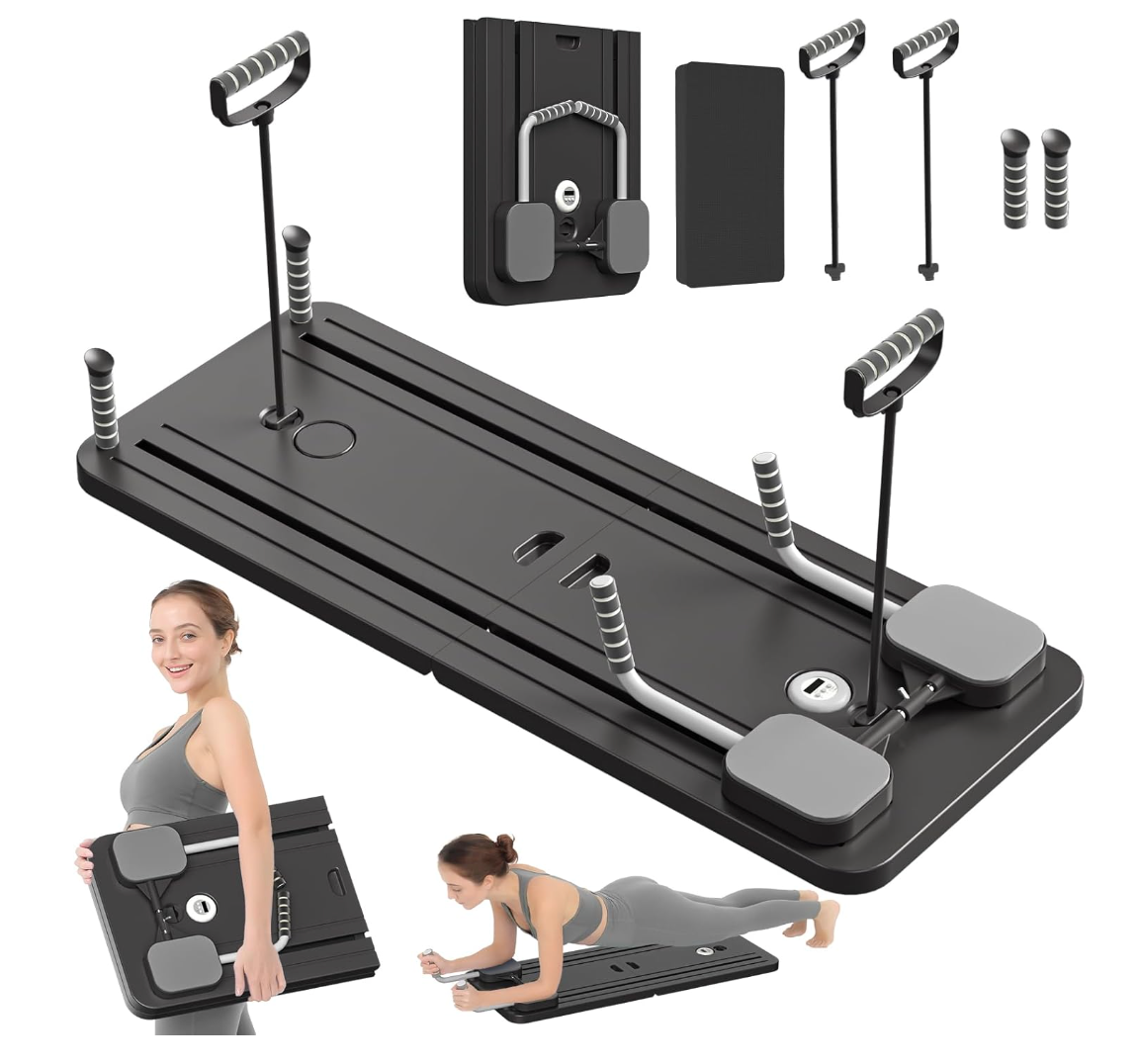 Reformer Pilates machine set with straps, bars, and accessories for full-body resistance training and home workouts.
