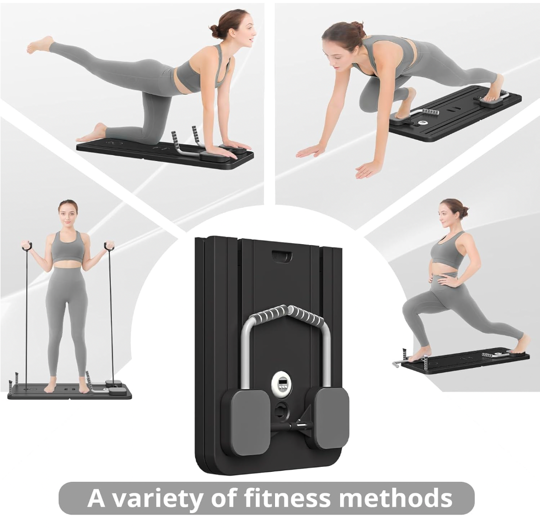 Woman using a reformer Pilates machine at home, demonstrating core strength, flexibility, and guided resistance movements.