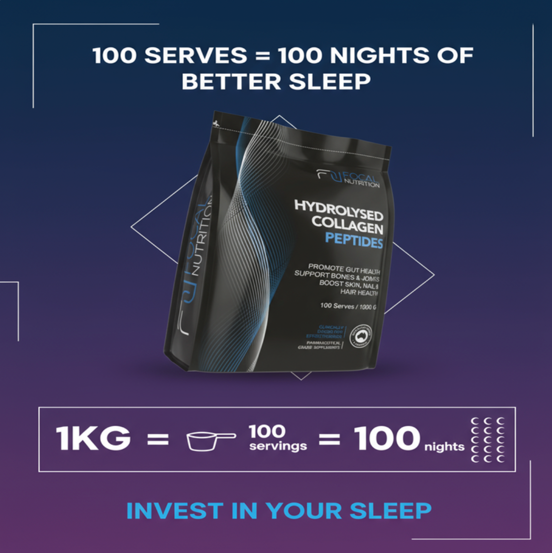 Premium protein supplement bag on purple background showing muscle recovery and strength benefits