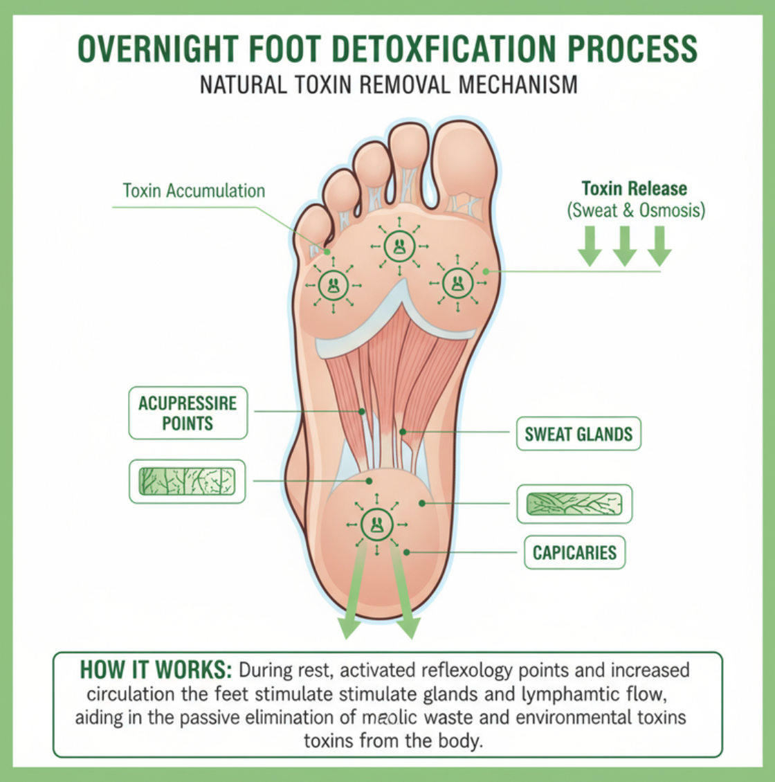 Foot reflexology chart showing pressure points targeted by detox foot pads for improved wellness and circulation.