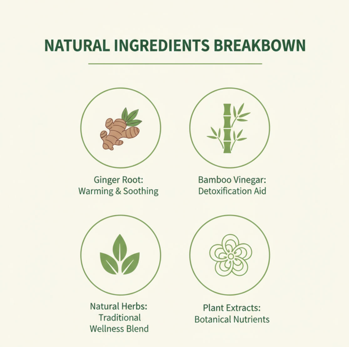 Detox foot pads ingredient infographic featuring bamboo vinegar, ginger, and herbal extracts for body cleansing.