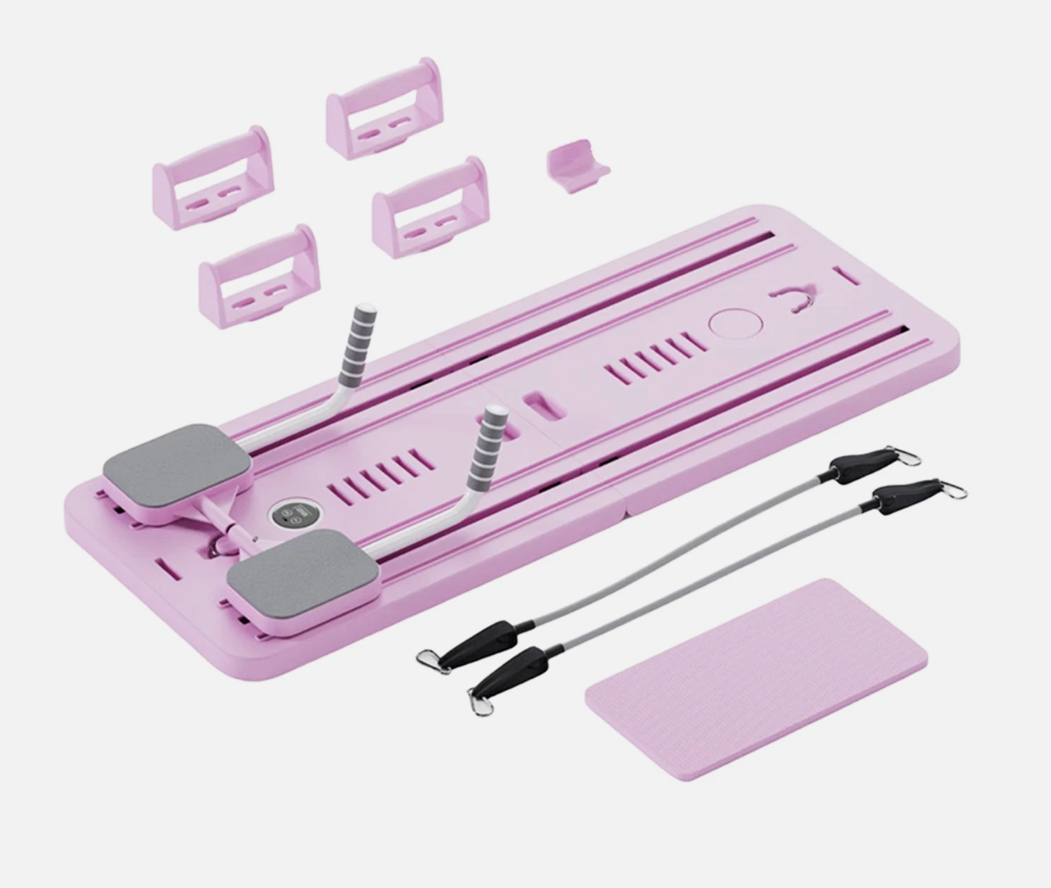 Pink reformer Pilates machine with accessories designed for at-home Pilates workouts and adjustable resistance.