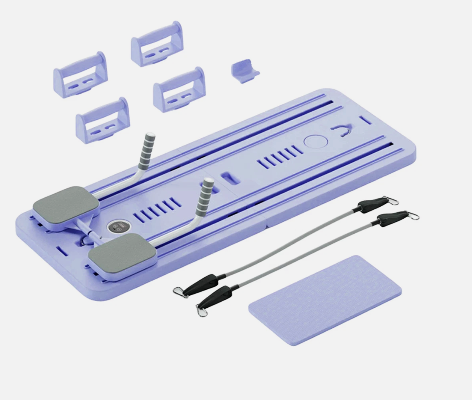 Blue reformer Pilates machine full set including straps, bars, and resistance springs for home Pilates training.