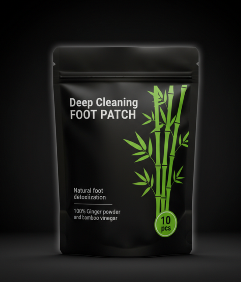 Detox foot pads product pouch with minimalist black design highlighting herbal cleansing ingredients.