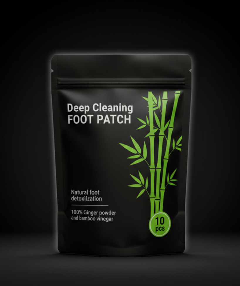 Black detox foot pads pouch with green accents showing natural detoxification and overnight wellness benefits.