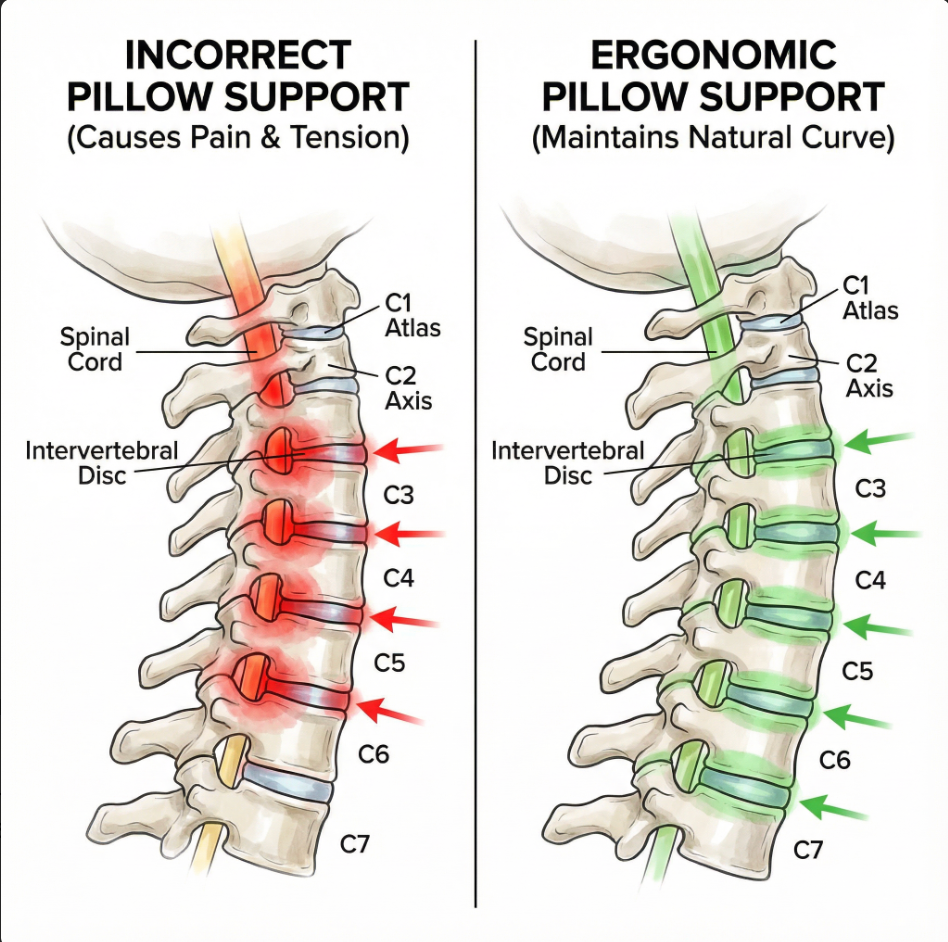 Terra Wellness Ergonomic Pillow 2.0 featuring contour design for neck and shoulder support on bed