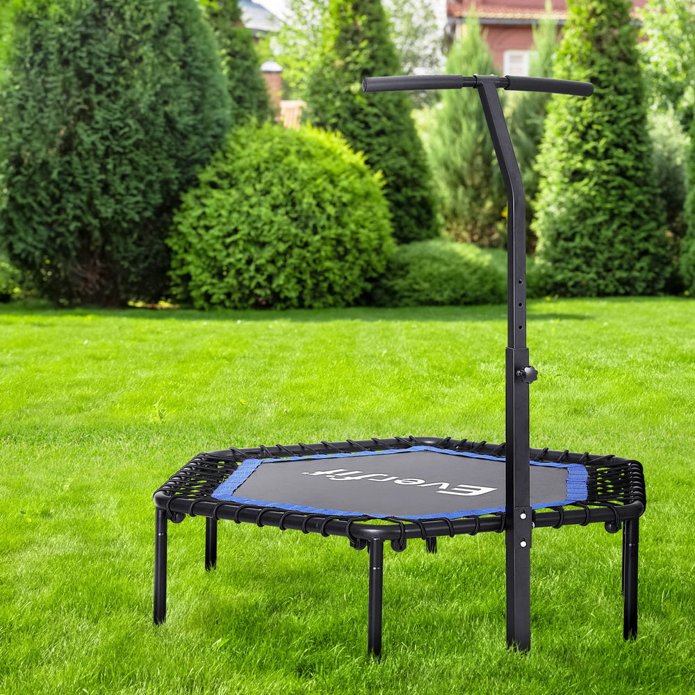 Exercise trampoline with handle and mini hoop for fun cardio and balance training