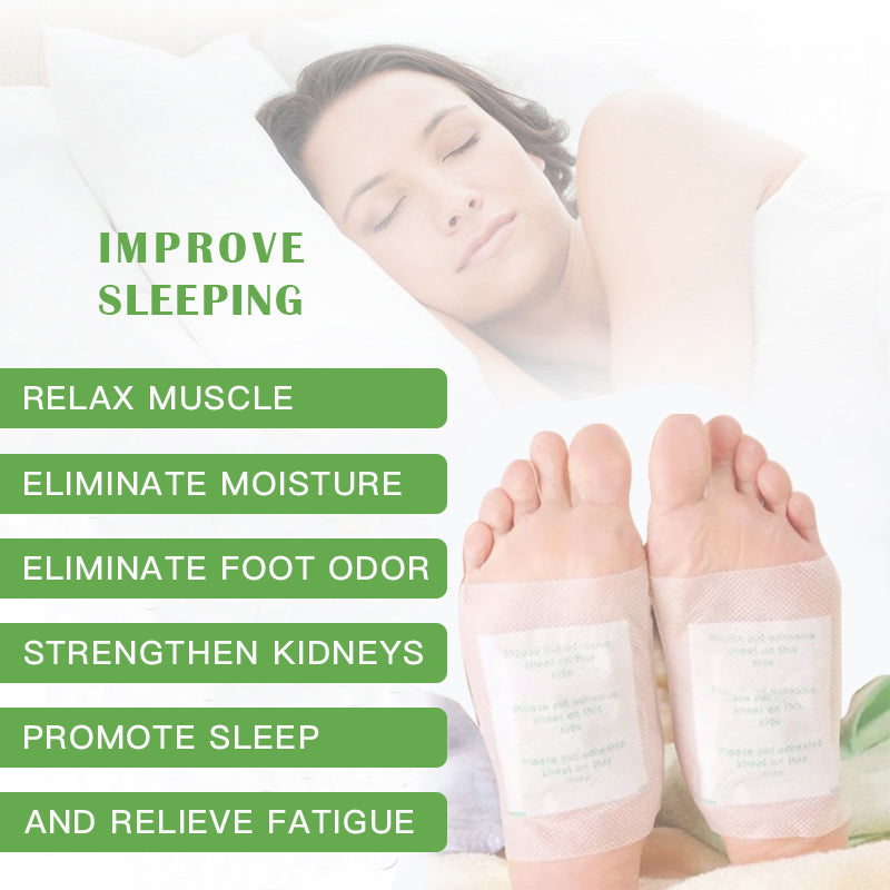 Detox foot pads benefits graphic with model explaining improved sleep, reduced stress, and toxin removal.