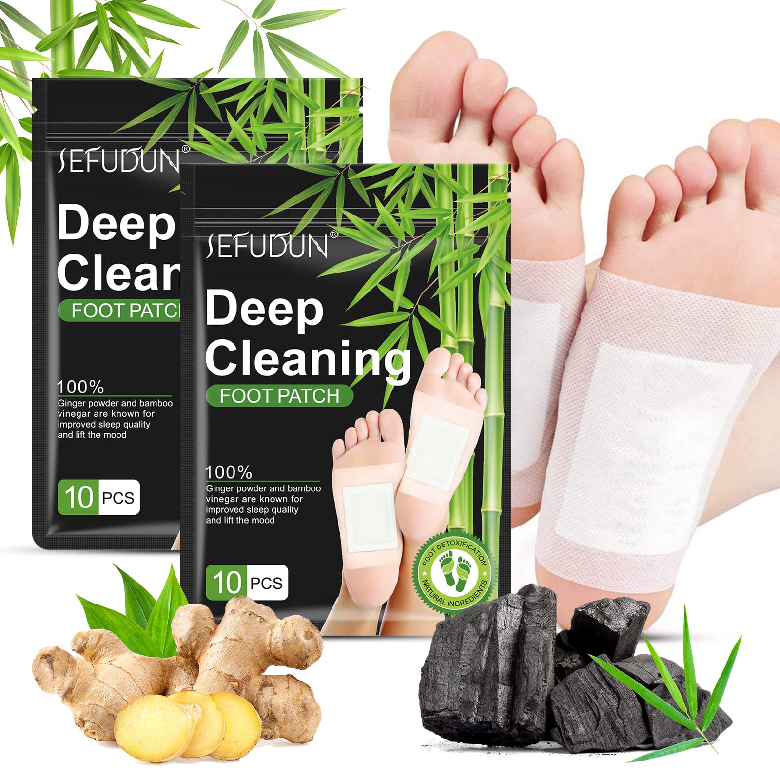 Detox foot pads product set shown with natural ingredients like ginger and bamboo to highlight overnight cleansing benefits.