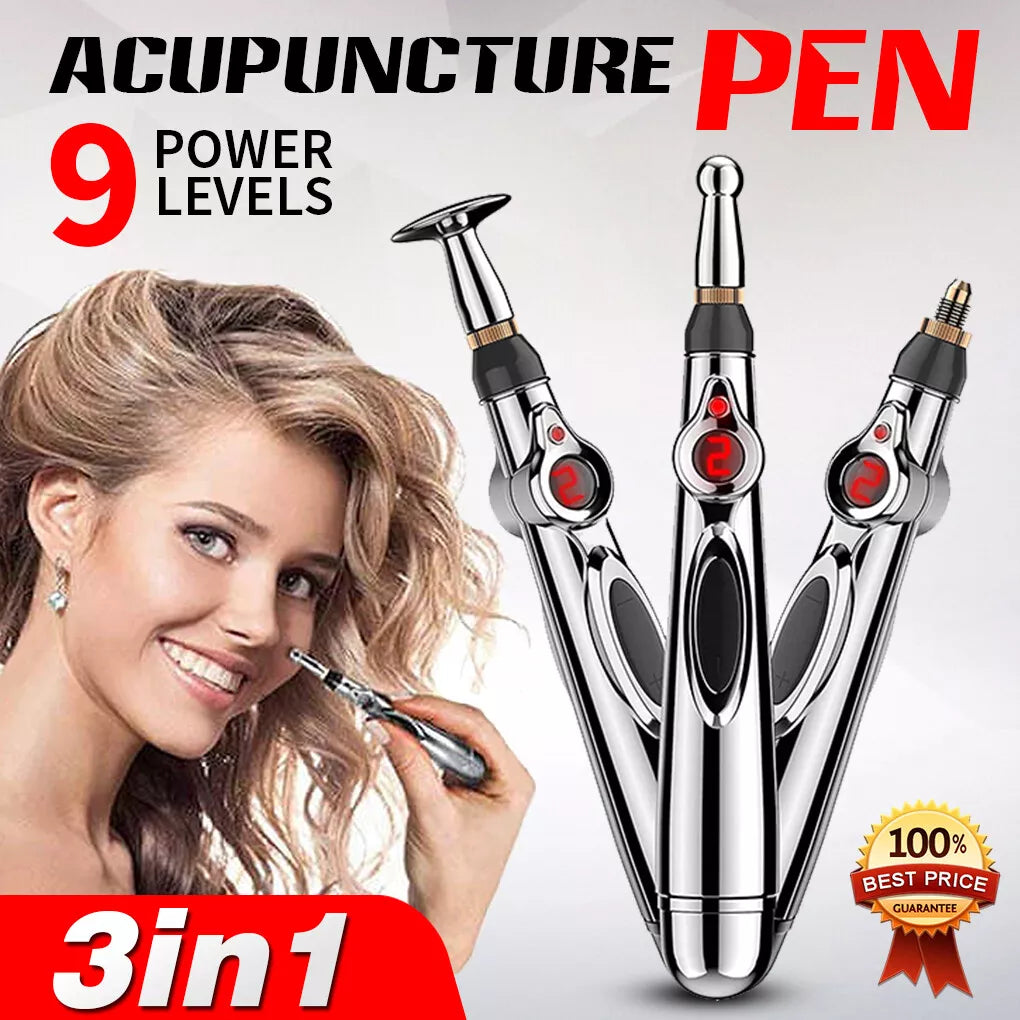 3-in-1 Acupuncture Pen set with 9 power levels, shown with three interchangeable heads and a smiling woman in the background. Text highlights its multifunctional use for pain relief and muscle stimulation.