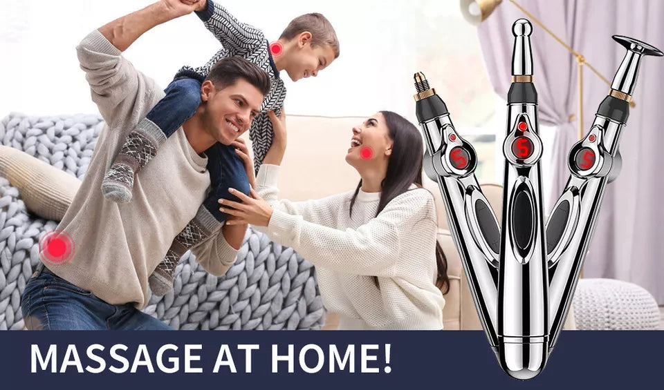 Happy family playing together at home with an Acupuncture Pen shown on the right side and text reading 'Massage at Home!' Promotes the pen as a convenient, drug-free pain relief tool for the whole family.