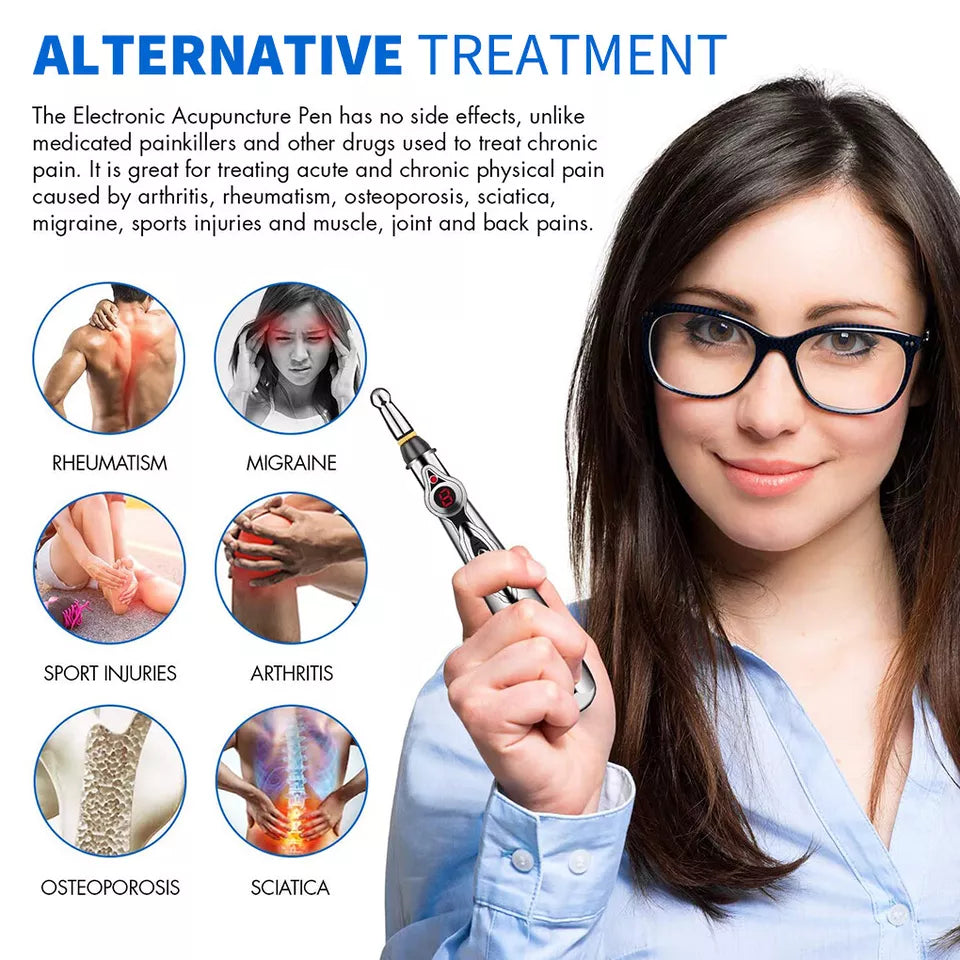 Smiling woman holding an Acupuncture Pen next to icons showing alternative treatment uses for shoulder pain, arthritis, joint stiffness, muscle tension, sports injuries, and sciatica. Text emphasizes natural, needle-free therapy.