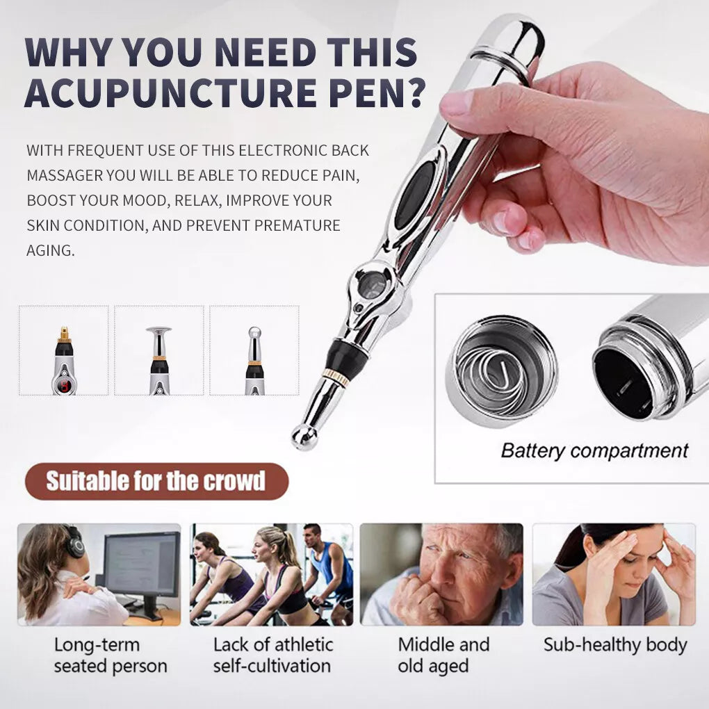 Hand holding an Acupuncture Pen with close-up of interchangeable heads and text explaining its benefits. Bottom section shows people using the pen for joint pain, muscle relief, facial stimulation, and stress reduction.