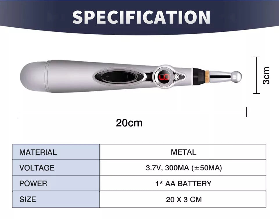 Technical specification chart for an Acupuncture Pen, showing details such as material (ABS), power source (1 x AA battery), voltage (1.5V), and size (20 x 3 cm), with a labeled diagram of the pen above.