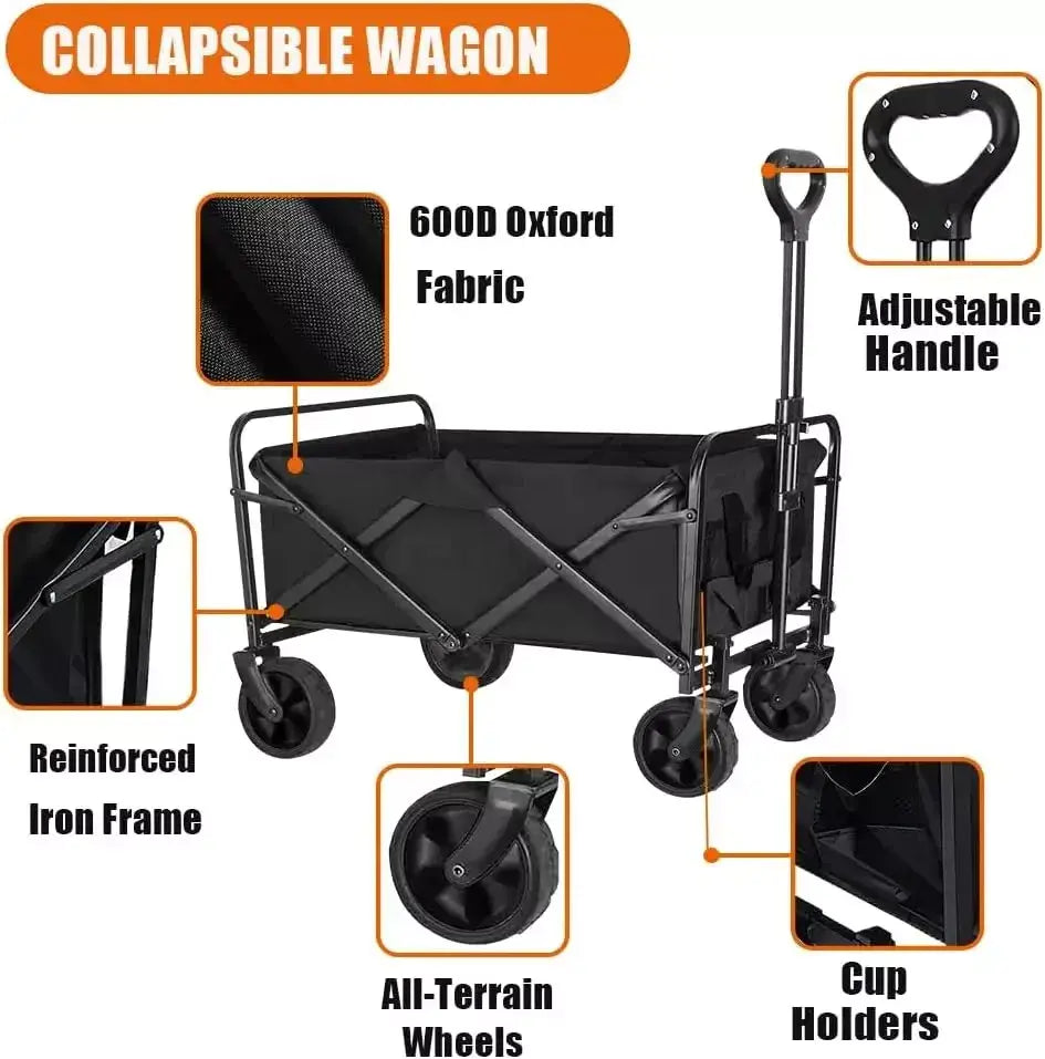 Foldable beach cart with labeled features, including a telescopic handle, all-terrain wheels, durable fabric, and a strong steel frame for easy transport.