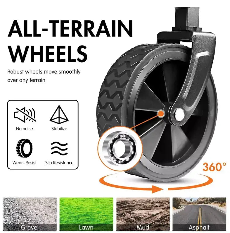 Close-up of all-terrain wheels on a beach cart, designed for smooth movement across sand, grass, gravel, and uneven surfaces for easy transport.