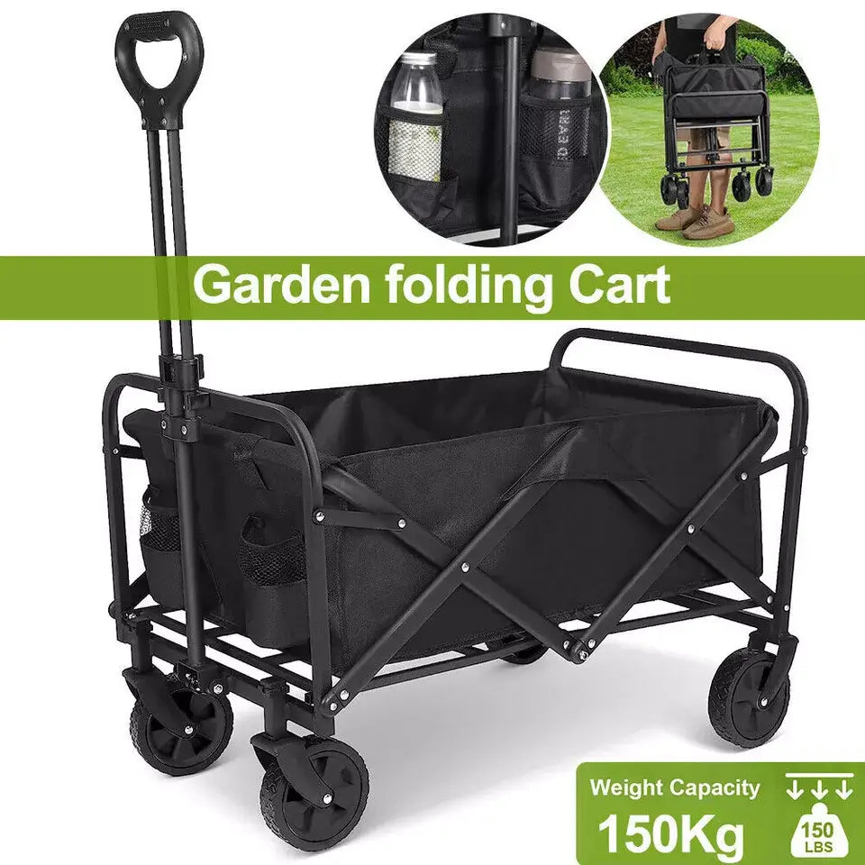 Durable beach cart with a sturdy steel frame, telescopic handle, and foldable design, ideal for carrying heavy loads on sand and rough terrain.