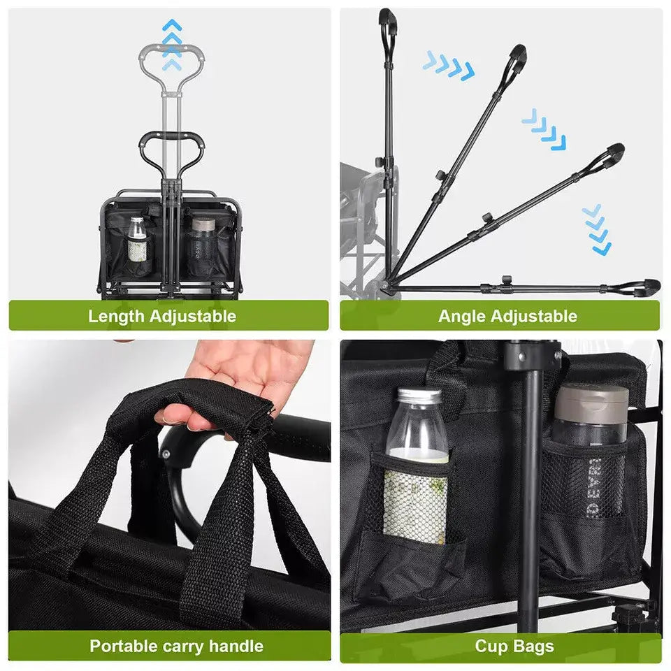 Detailed view of beach cart features, showcasing an adjustable telescopic handle, durable fabric, reinforced frame, and foldable design for easy storage.