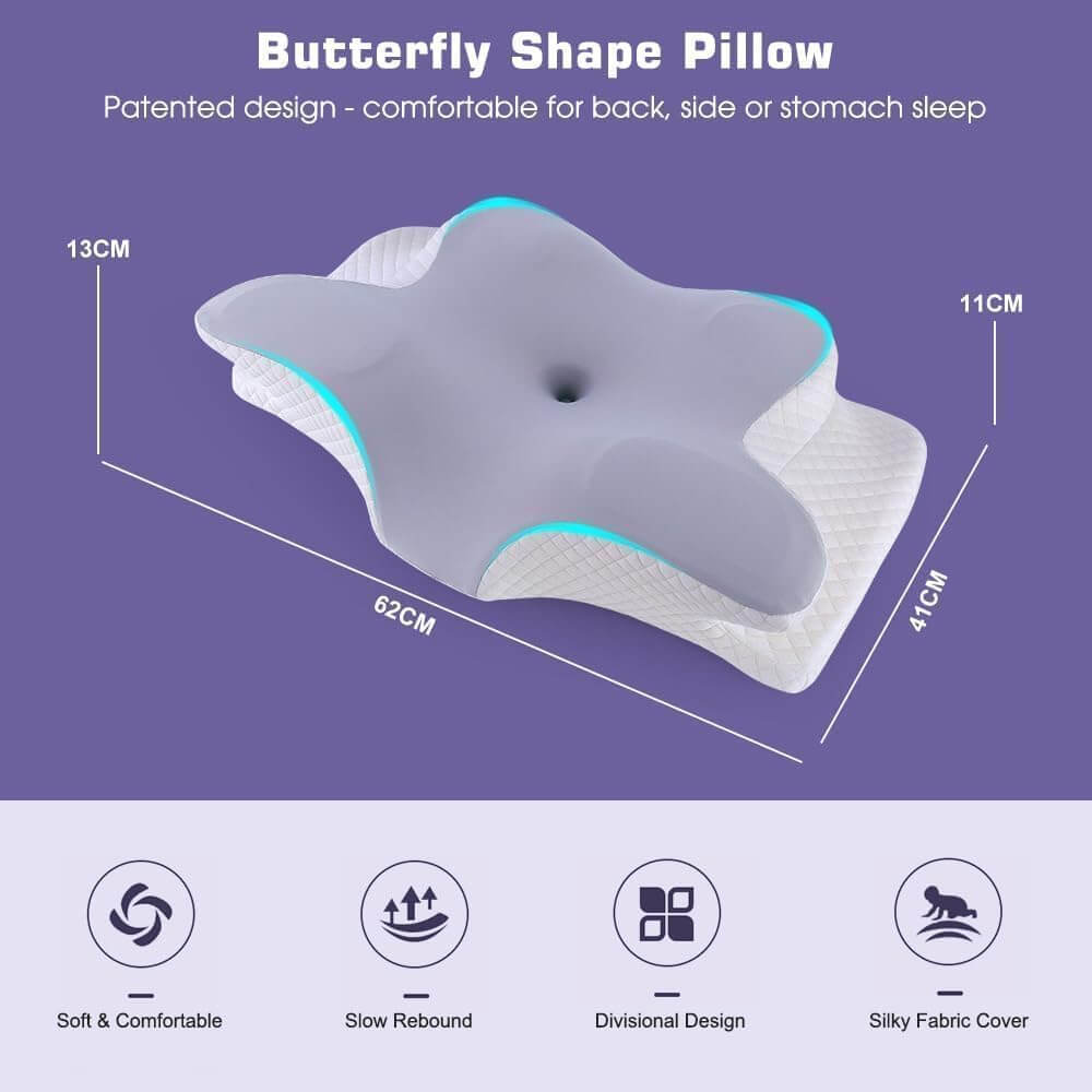  "Butterfly pillow with labeled ergonomic contours for head, neck, and shoulder support, displayed on a purple background. Text reads 'Butterfly Shape Pillow' and highlights features such as soft memory foam, breathable material, and spinal alignment supp