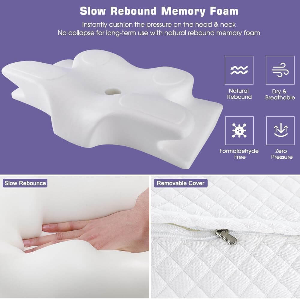 White butterfly pillow made of slow rebound memory foam shown on a purple background with icons highlighting features like breathability, softness, and resilience. Additional close-up images show the memory foam texture and zippered removable cover.