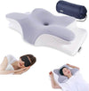 Butterfly pillow with an ergonomic, contoured design in white and grey, shown with a small navy-blue travel bag. Additional insets show people sleeping on their backs and sides, demonstrating the pillow's support for different sleeping positions