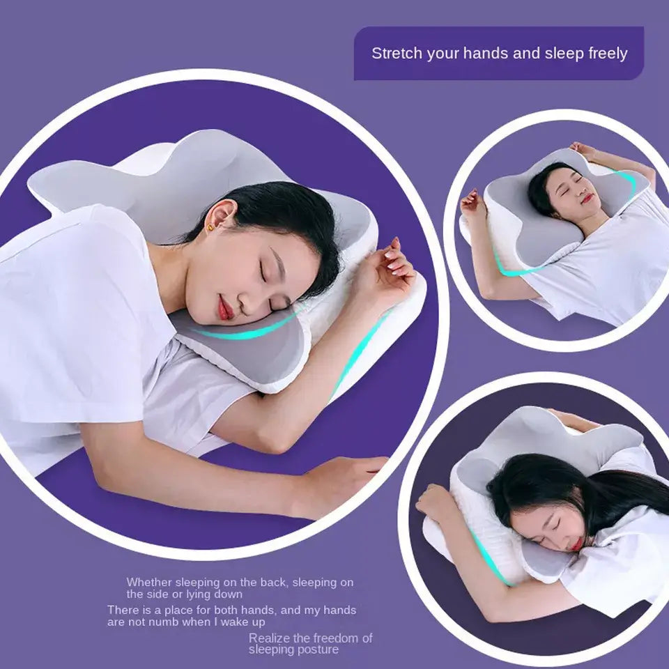Three women shown sleeping in various positions on a butterfly pillow, highlighting side and back sleeping support. Set on a purple background with circular frames, the image demonstrates the pillow’s ergonomic contouring and comfort during sleep.