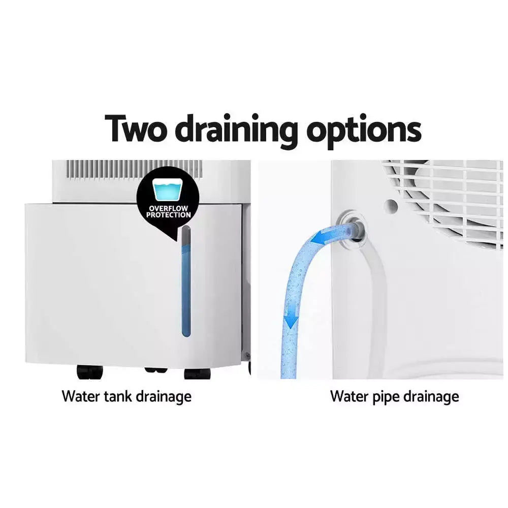 Illustration of two draining options for a dehumidifier, showing both tank collection and continuous drainage via a hose.
