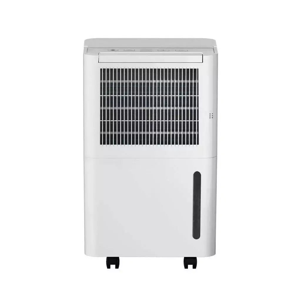 Front view of a white dehumidifier with a vented panel and water collection tank, designed for effective moisture control in indoor spaces.