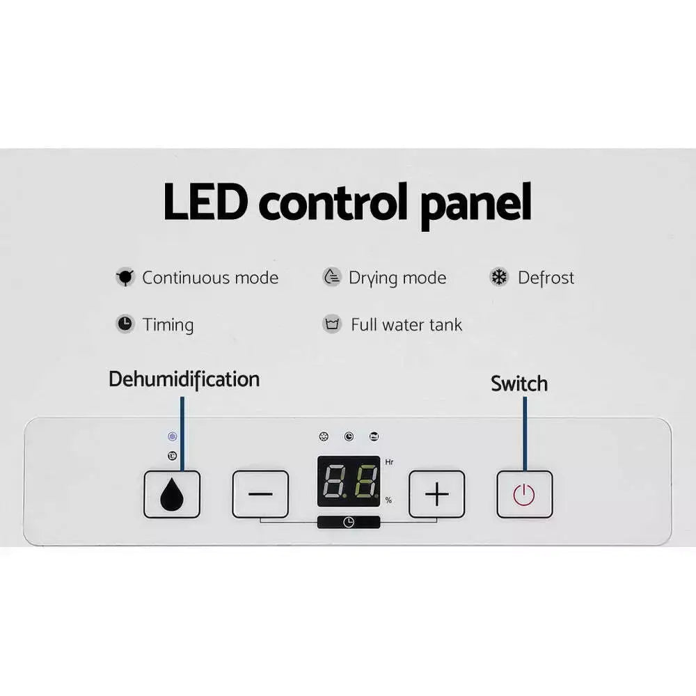 Close-up of an LED control panel on a dehumidifier, displaying various settings and indicators for efficient moisture control.
