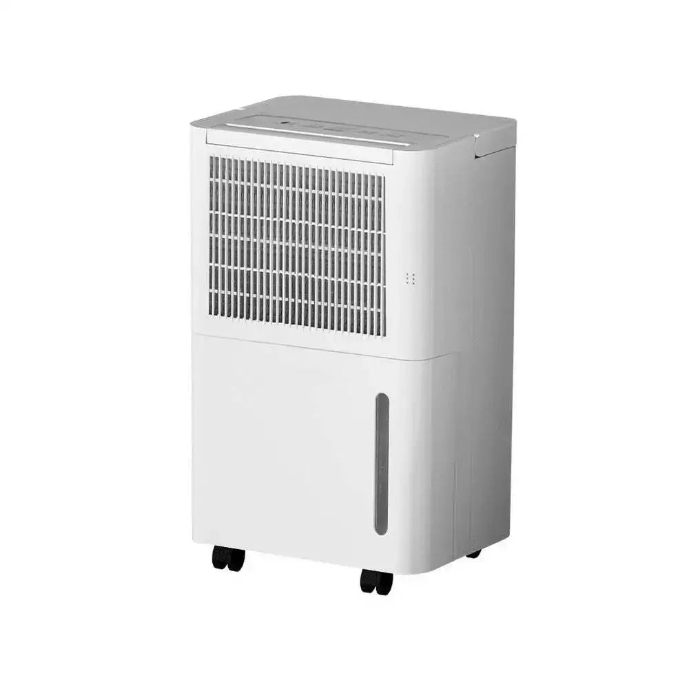Compact white dehumidifier with caster wheels, designed for efficient moisture removal and improved air quality in indoor spaces.