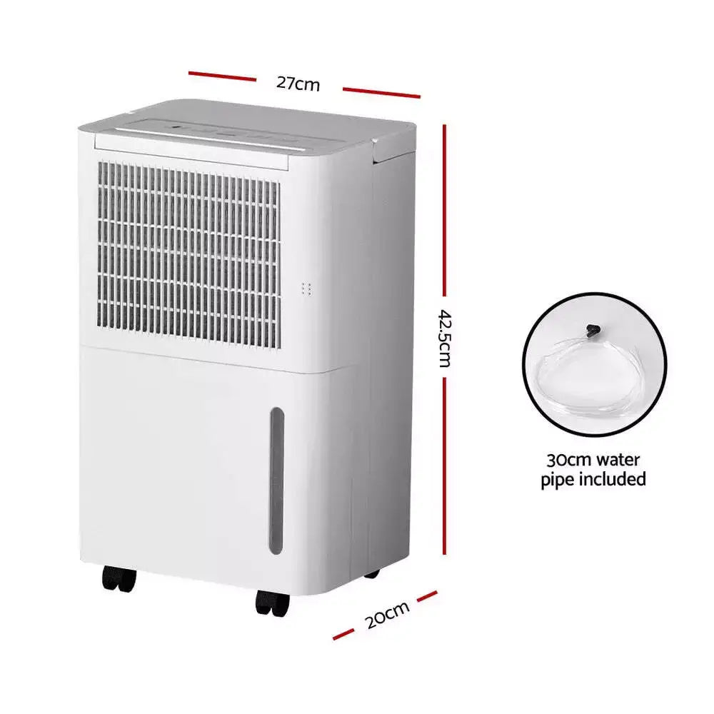 White dehumidifier with dimensions labeled, featuring a compact design and caster wheels for easy mobility and effective moisture removal.