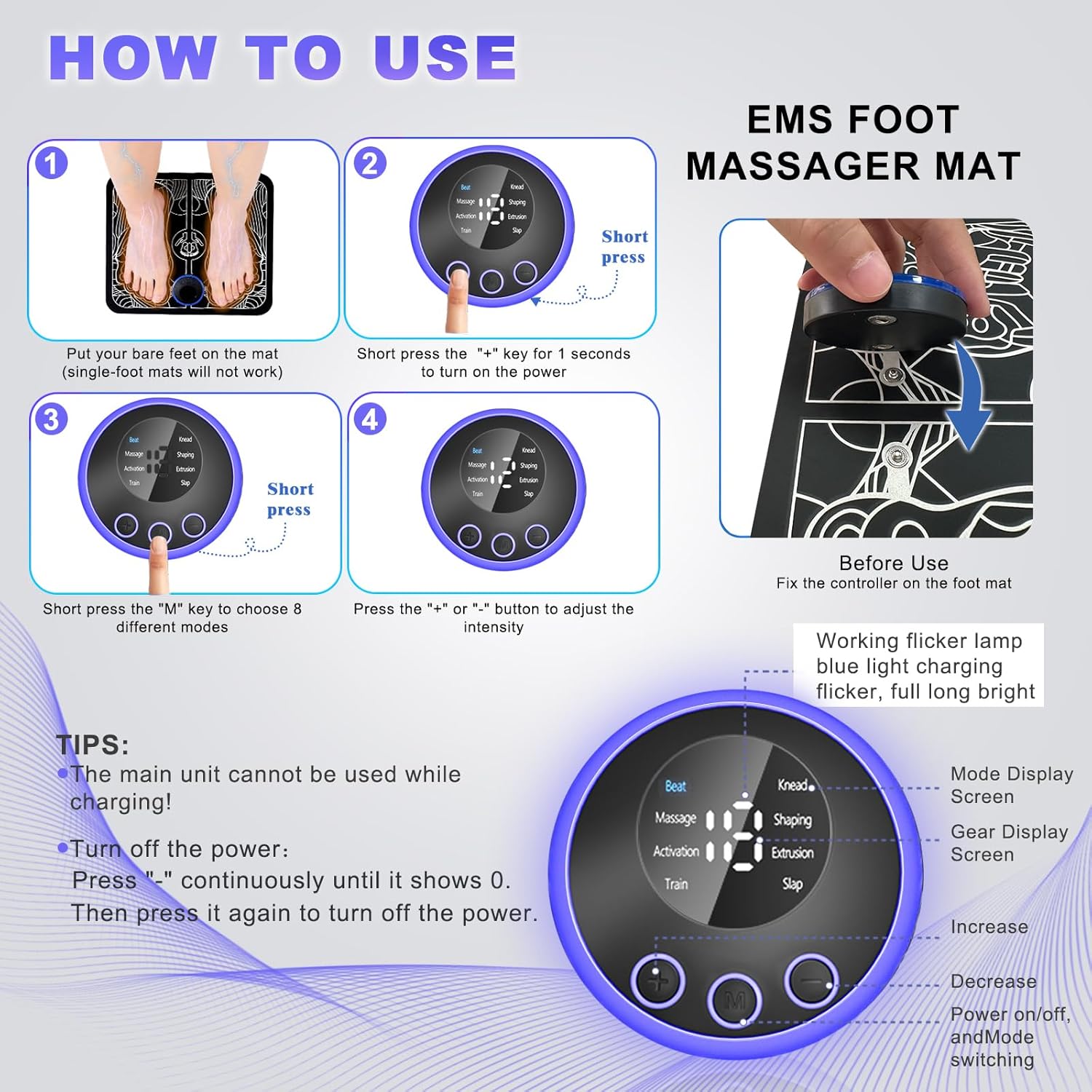 Step-by-step guide on how to use EMS foot massager with control panel instructions and power setup for easy operation