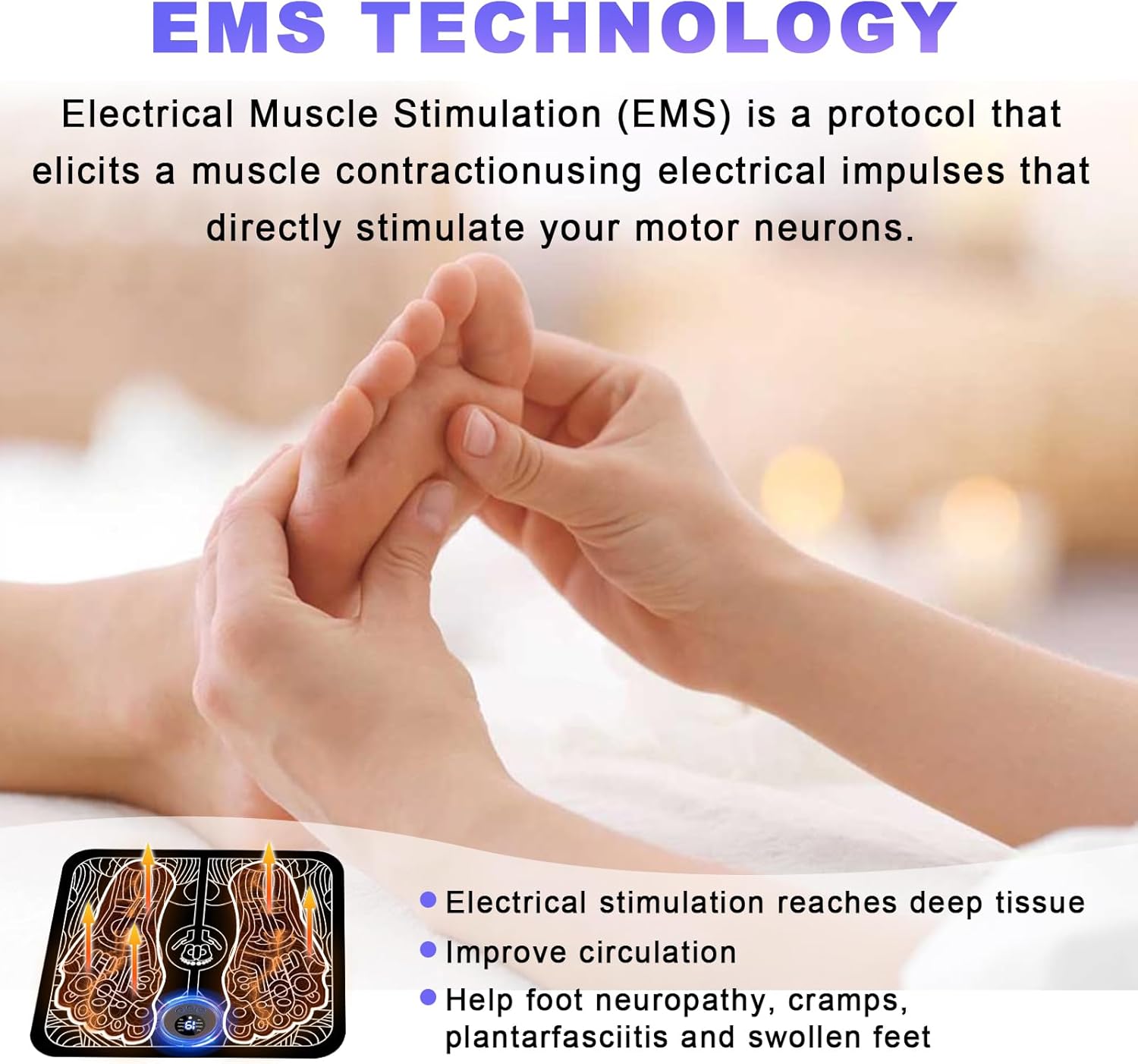 Visual explanation of EMS technology for foot massagers, highlighting electrical muscle stimulation benefits for pain relief and circulation