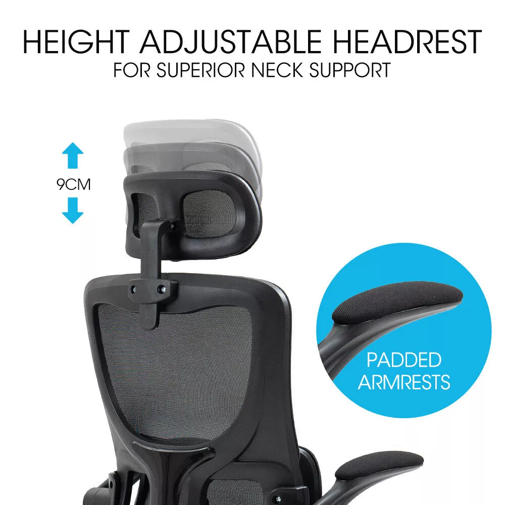 Ergonomic office chair with height-adjustable headrest and contoured backrest for personalized neck and upper back support
