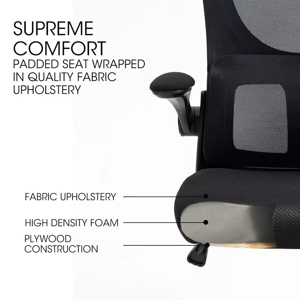 Close-up of ergonomic office chair showing breathable mesh back, padded armrests, and adjustable lumbar support for superior comfort