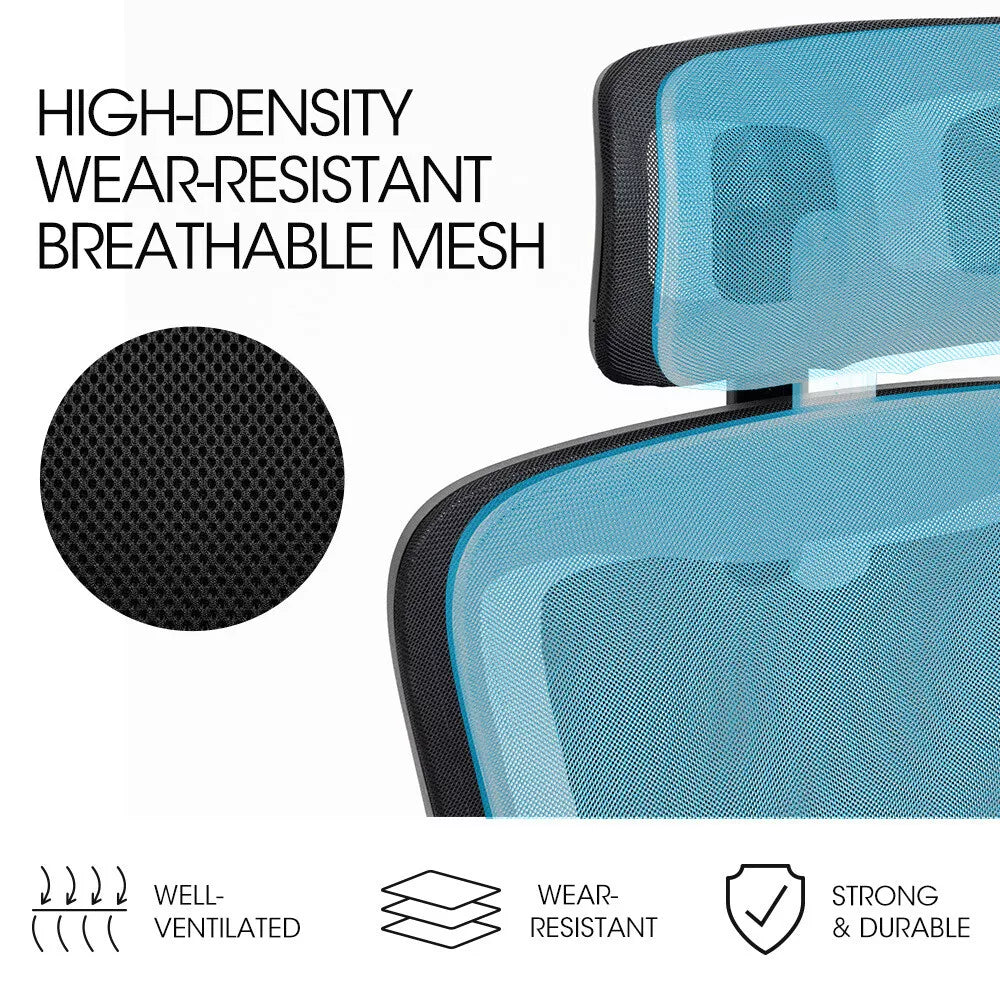 Close-up of ergonomic office chair with headrest and breathable mesh backrest for all-day comfort and airflow