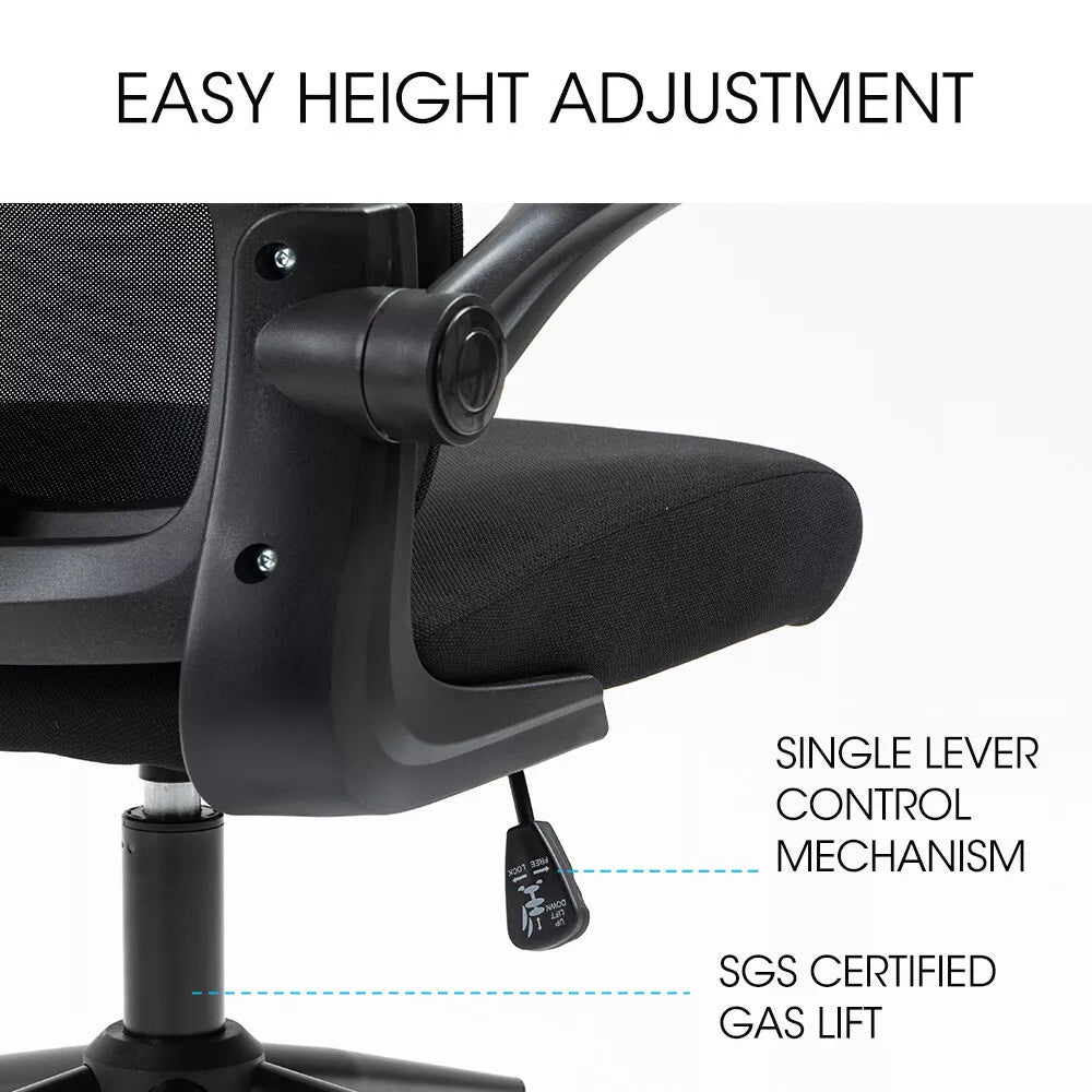 Close-up of ergonomic office chair with easy height adjustment lever for customizable seating comfort and support