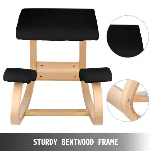 Sturdy wooden ergonomic kneeling chair with a cushioned seat and knee pads, designed for improved posture and comfort while sitting.