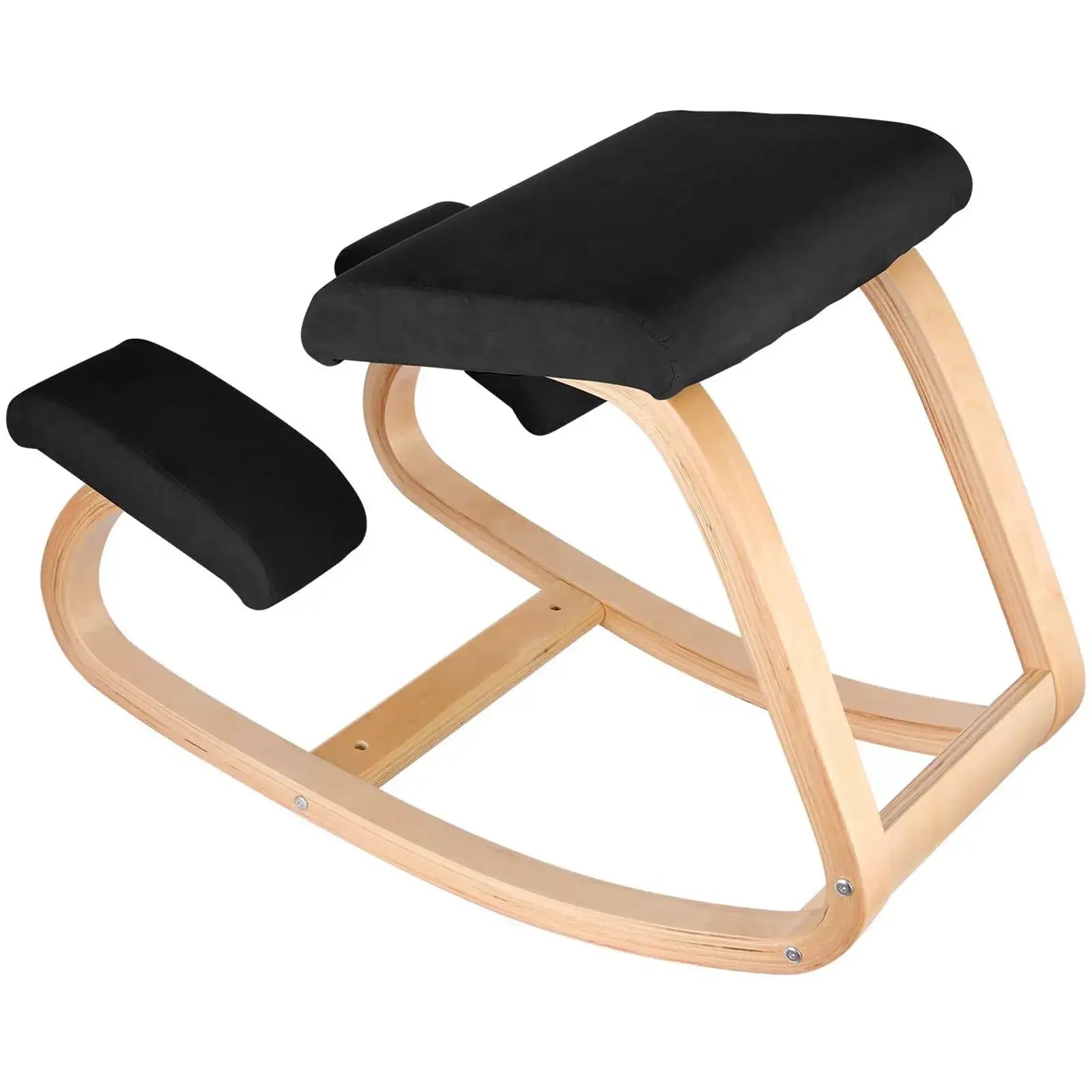 Wooden ergonomic kneeling chair with a curved frame and cushioned seat, designed to promote better posture and reduce back strain while sitting.