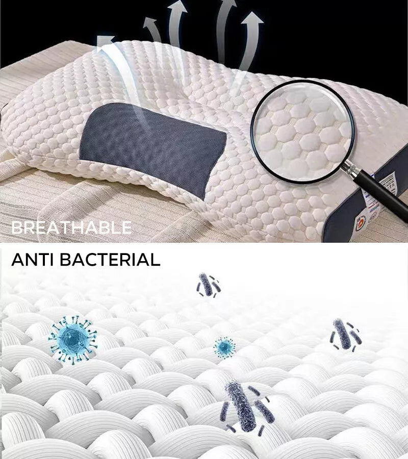 Ergonomic pillow with dust mite-resistant memory foam and breathable cover shown under magnification for hygienic sleep support