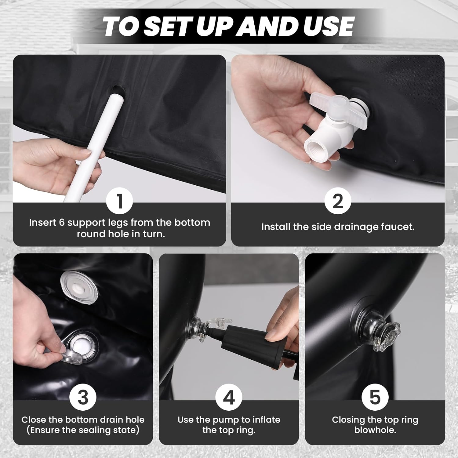 Step-by-step setup guide for portable ice bath tub showing pipe connection, valve attachment, and inflation process