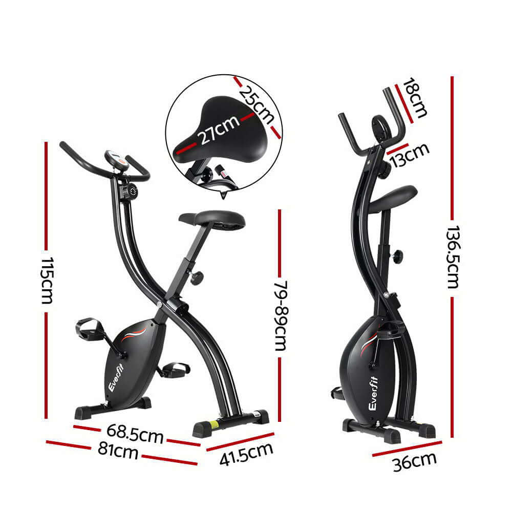 Dimensions of foldable exercise bike shown in both open and folded positions, highlighting its compact and space-saving design for home workouts