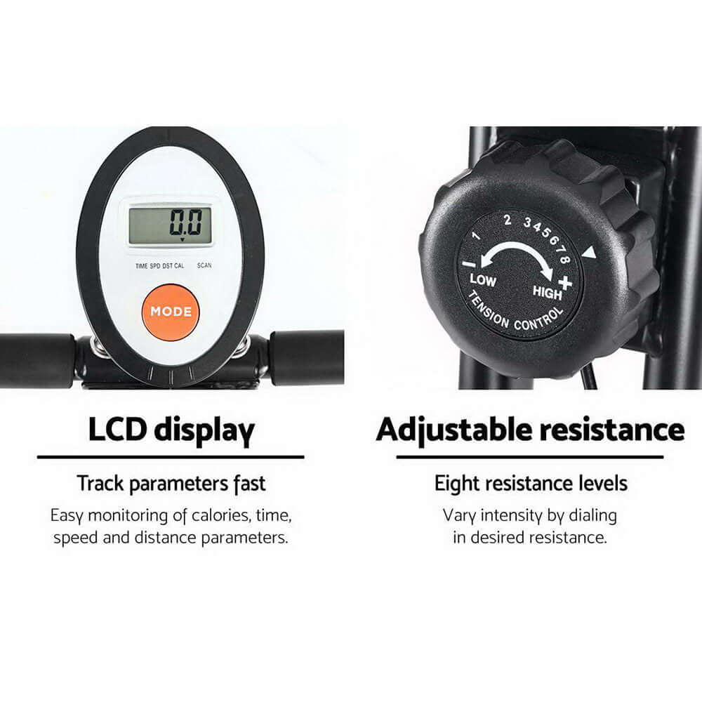 Close-up of foldable exercise bike features, including an LCD display for tracking workout stats and an adjustable resistance knob for customizable intensity.